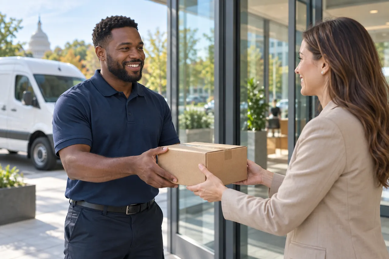 Illustrative courier handing a parcel to a customer at an office